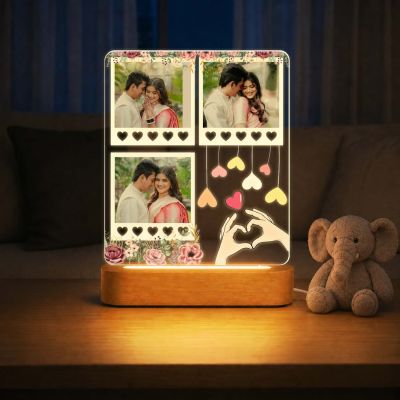 Personalized Wedding & Valentine's Day Gift for Couples, Husband, Wife Decorative Bedside Night Light with Heart Hands Design and Wood Stand